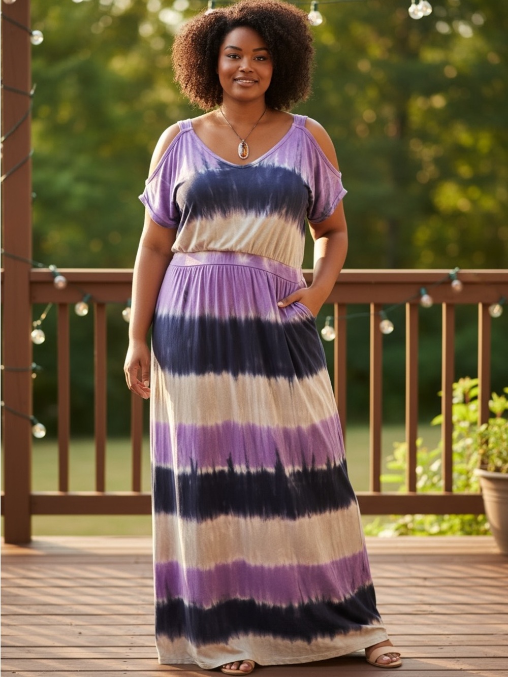 Neiman Marcus Purple Navy Cream Tie-Dye Cold-Shoulder Maxi Dress